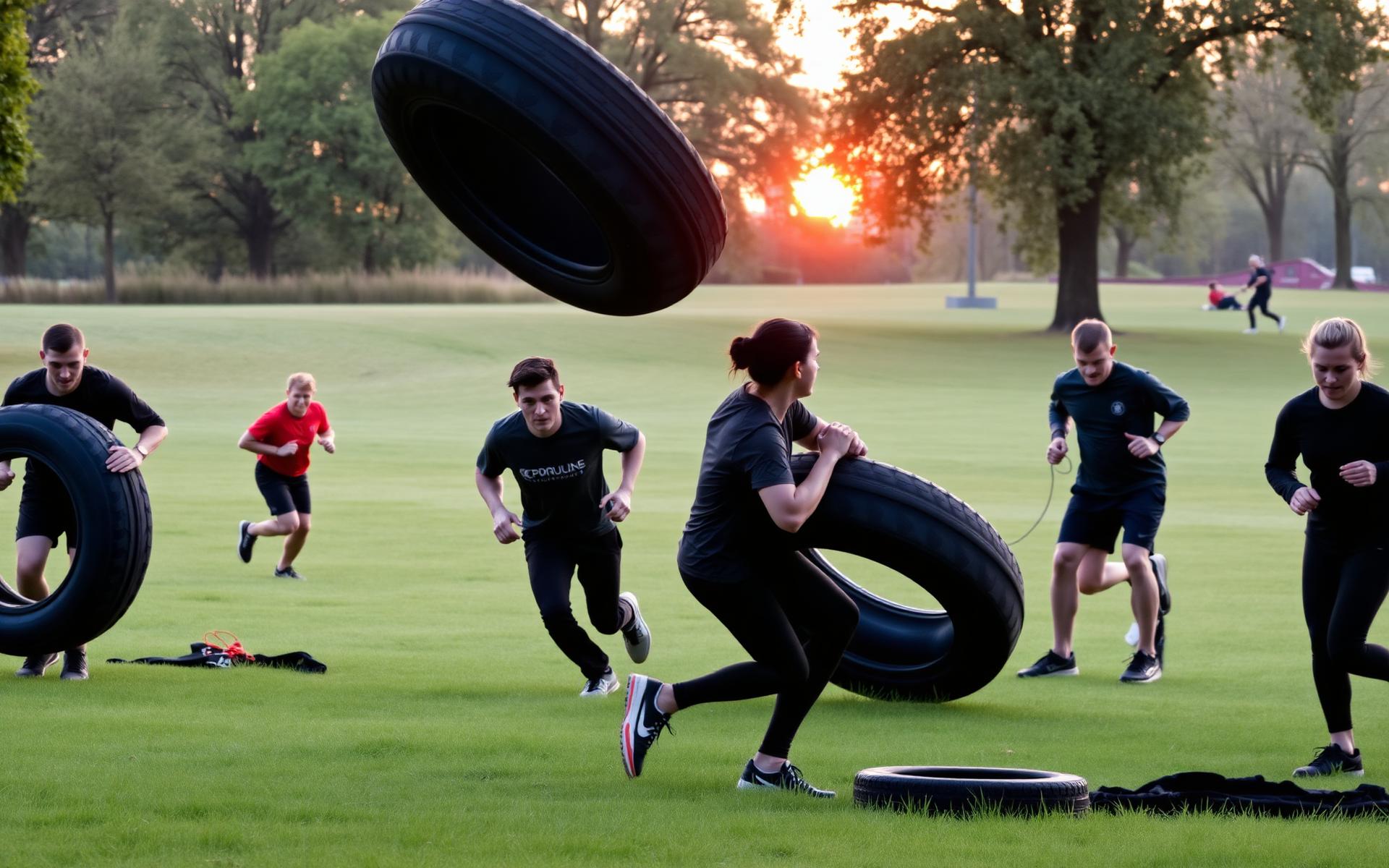 Bootcamp training in het park bij zonsopgang
